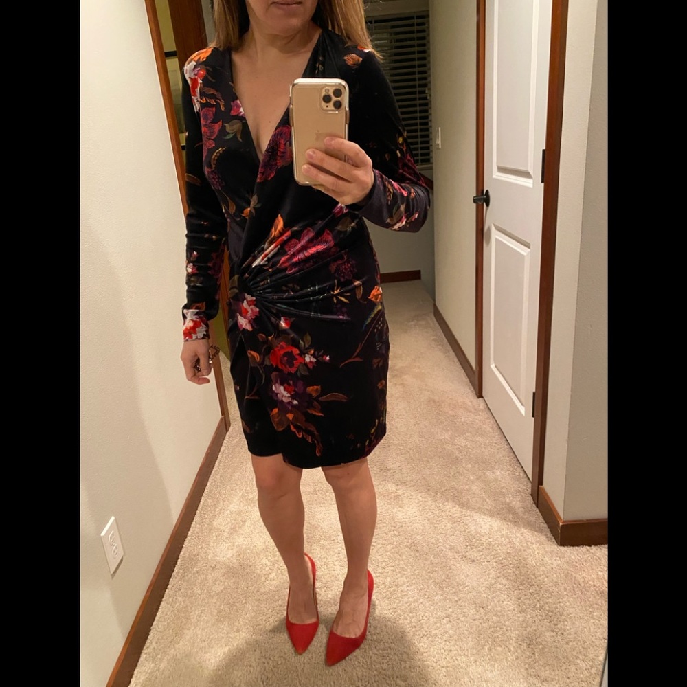 Black Halo Abina Velvet Faux Wrap Floral Dress
